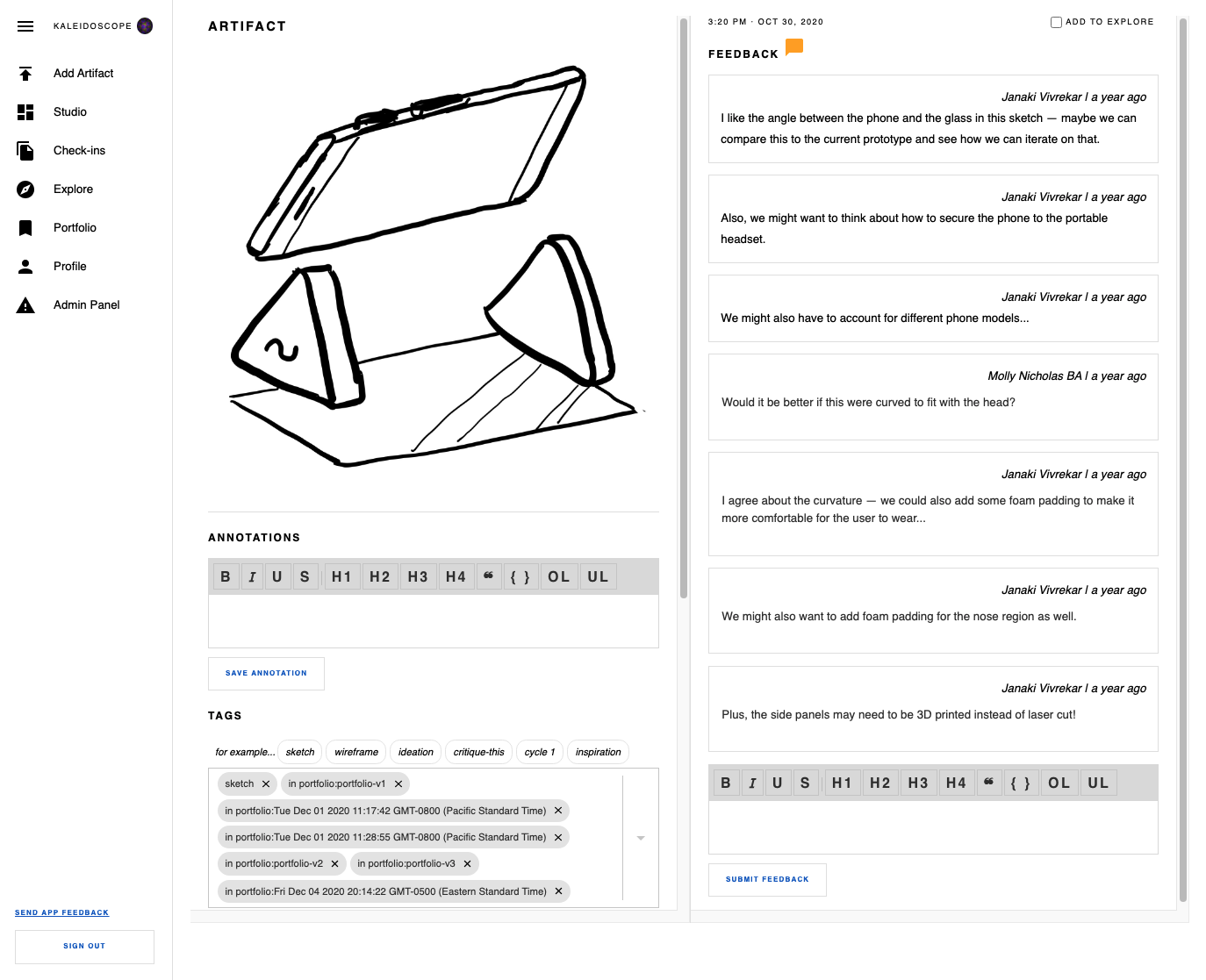screenshot of feedback interface for a sketch artifact